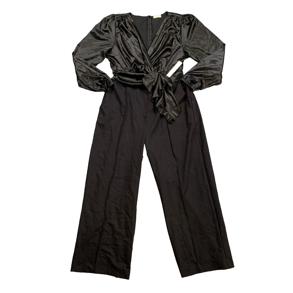 Kiyonna Jumpsuit Womens 0X Plus Black Refined Satin Wide Leg Mixed Media BackZip